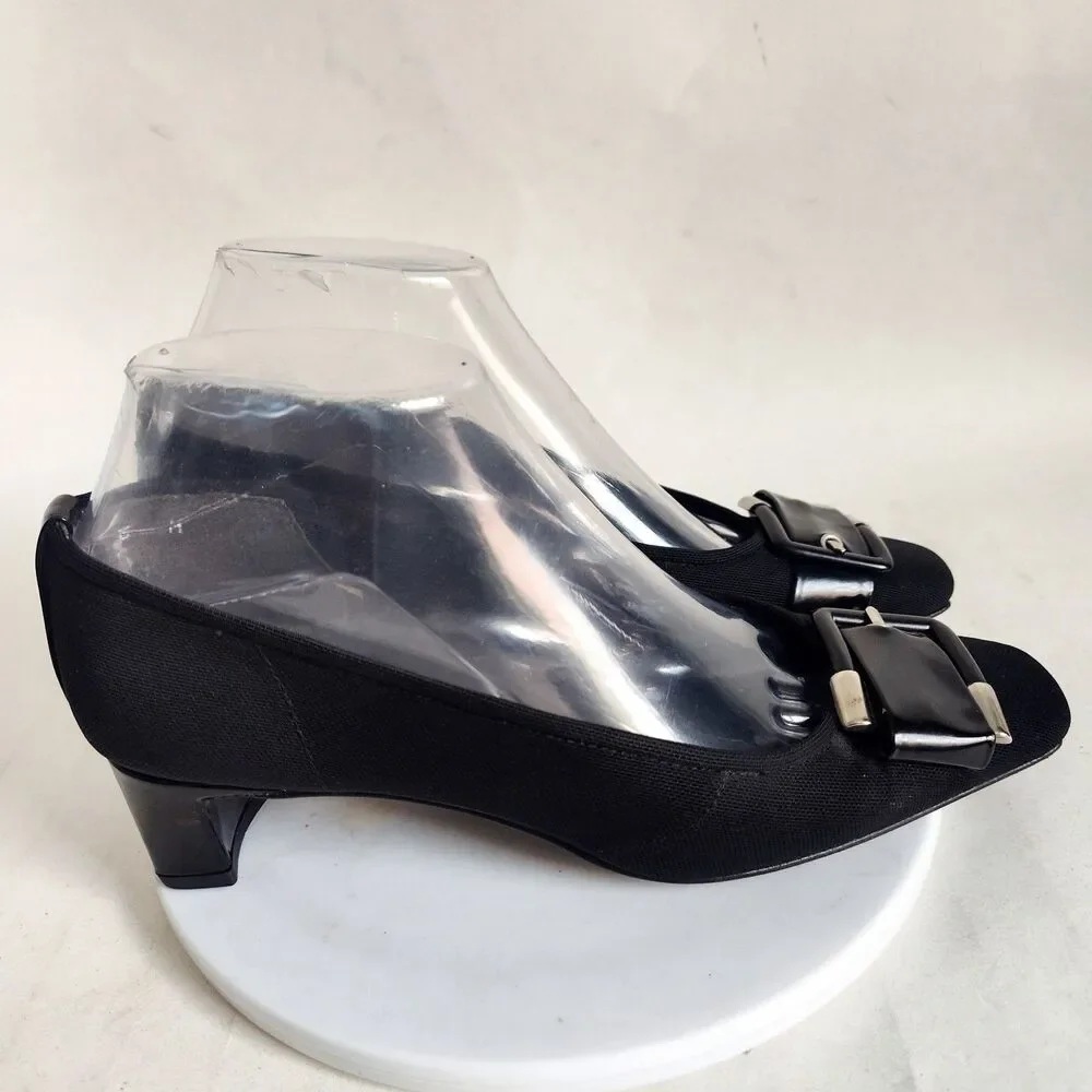 Stuart Weitzman Black Leather Sole Low Blocks Heels Size‎ 6 M Mesh Pumps Buckles